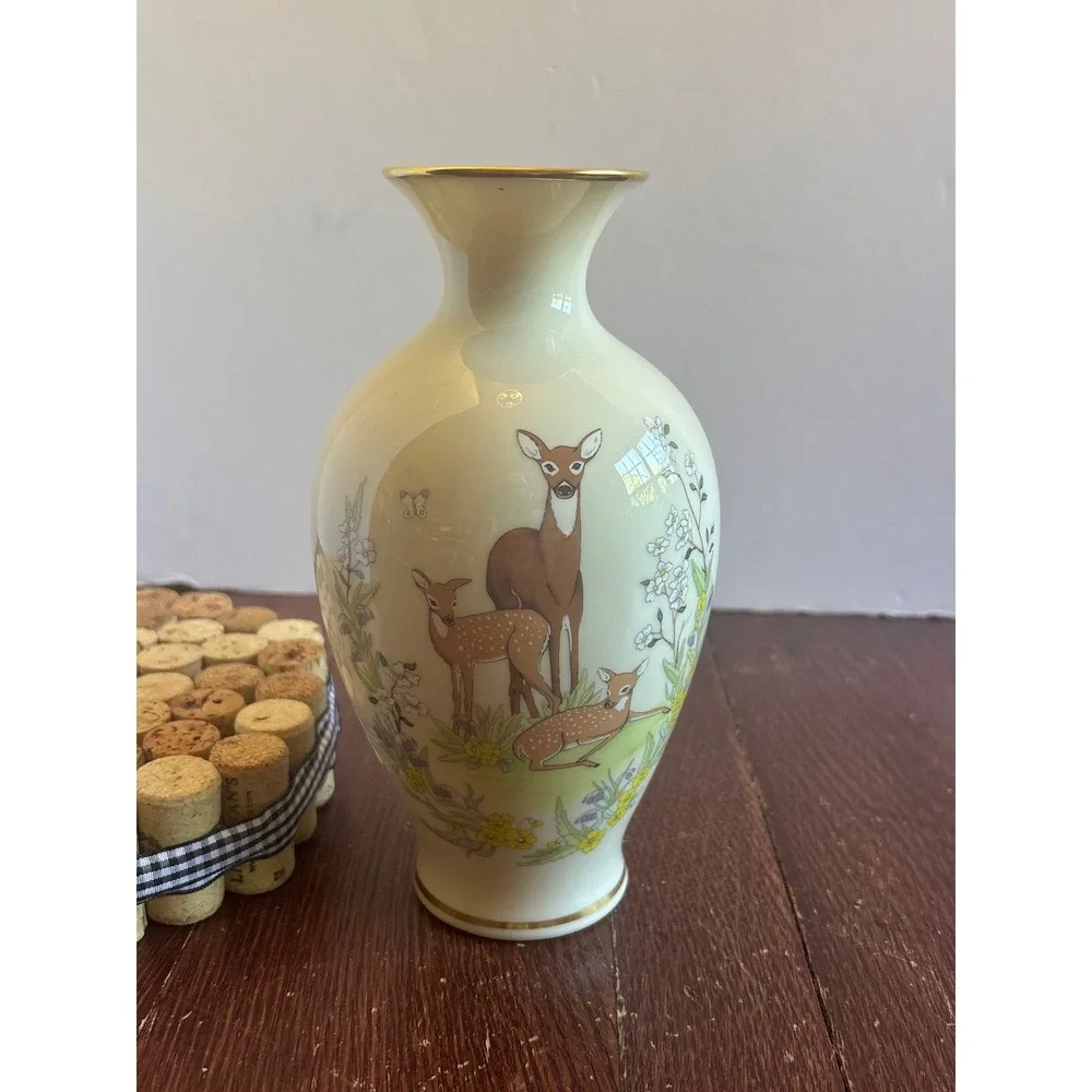 Lenox Mothers Day 1984 Limited Edition Vase Deer Fawns Gold Trim Ivory China 7in